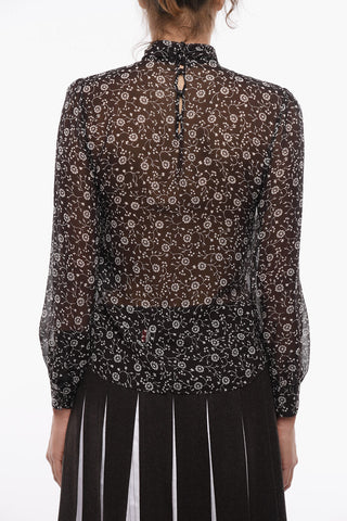 Ruched Turtleneck Silk Blouse with Floral Pattern