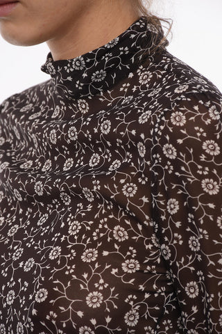 Ruched Turtleneck Silk Blouse with Floral Pattern