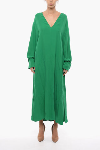 Vestito Maxi In Seta A Maniche Lunghe Con Spacco Laterale