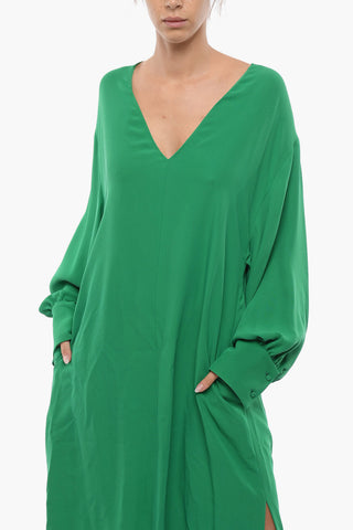 Vestito Maxi In Seta A Maniche Lunghe Con Spacco Laterale
