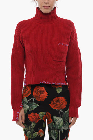 Asymmetrical Length Wool Turtleneck Sweater with Embroidered Logo