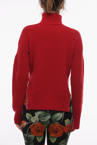 Asymmetrical Length Wool Turtleneck Sweater with Embroidered Logo
