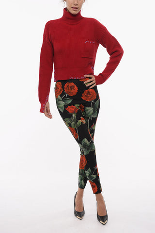 Asymmetrical Length Wool Turtleneck Sweater with Embroidered Logo