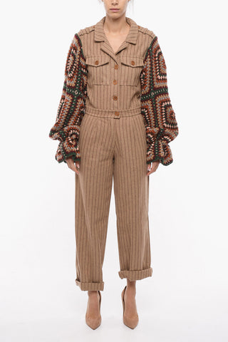 Knitted Sleeves Pinstriped Jumpsuit