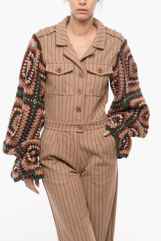Knitted Sleeves Pinstriped Jumpsuit