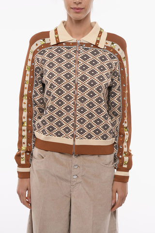 Stretchy woven BENO Zip-up Sweatshirt with Rhinestones Details