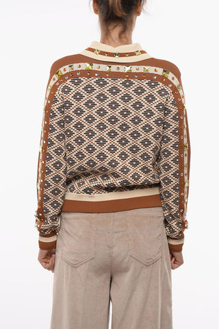 Stretchy woven BENO Zip-up Sweatshirt with Rhinestones Details