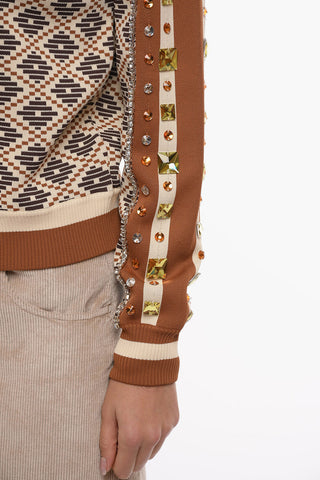 Stretchy woven BENO Zip-up Sweatshirt with Rhinestones Details