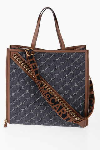 Logoed Denim Tote Bag with Faux Leather Trims and Side Zip