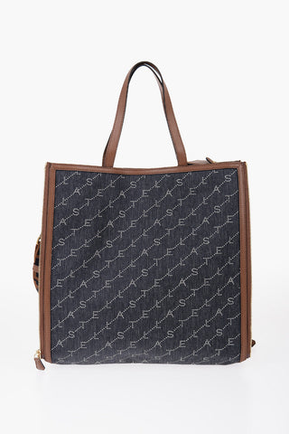 Logoed Denim Tote Bag with Faux Leather Trims and Side Zip