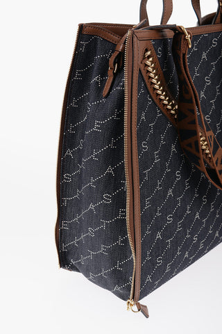 Logoed Denim Tote Bag with Faux Leather Trims and Side Zip