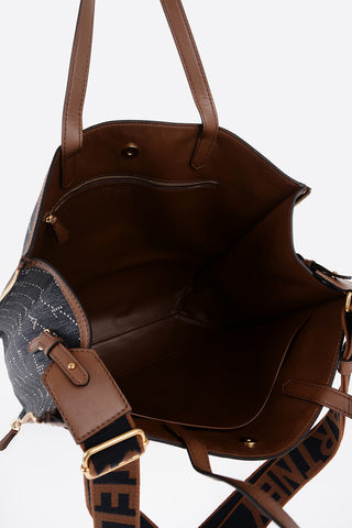 Logoed Denim Tote Bag with Faux Leather Trims and Side Zip