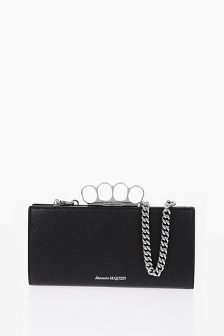 Textured Leather Four Ring Clutch with Removable Chain Shoulder Strap