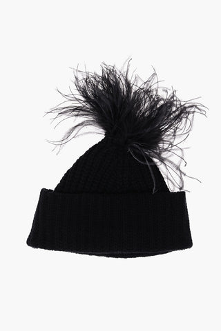 Beanie CLOVER in Cashmere a Tinta Unita con Dettaglio Piume