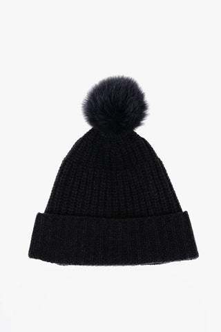 SWD Solid Color Beanie with Real Fur Pom Pom