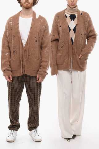 UNISEX 1 Button Distressed Mohair Blend Cardigan