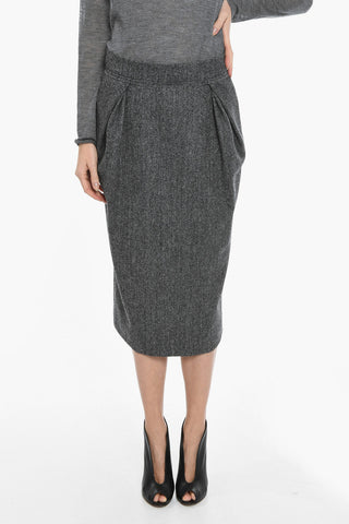 Heringbone Motif Triple-pleated Pencil Skirt