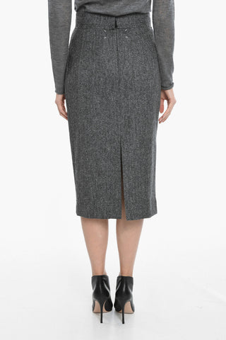 Heringbone Motif Triple-pleated Pencil Skirt