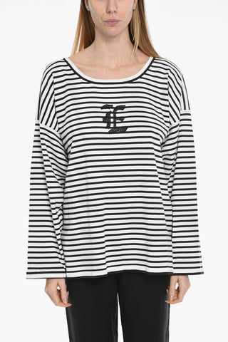 Maglia Oversize a Righe con Logo in Strass e Spacchi Laterali