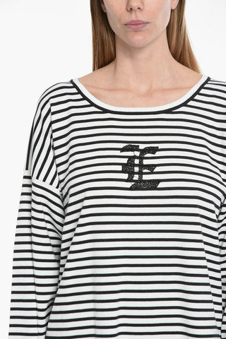 Maglia Oversize a Righe con Logo in Strass e Spacchi Laterali