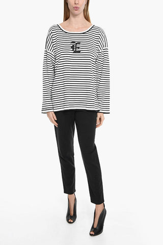 Maglia Oversize a Righe con Logo in Strass e Spacchi Laterali