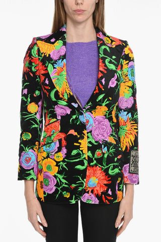 Floral Motif Velour Single-breasted Blazer