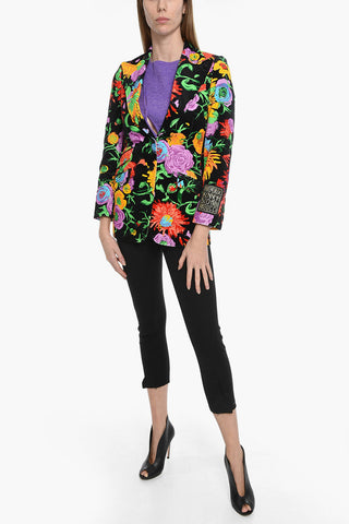 Floral Motif Velour Single-breasted Blazer