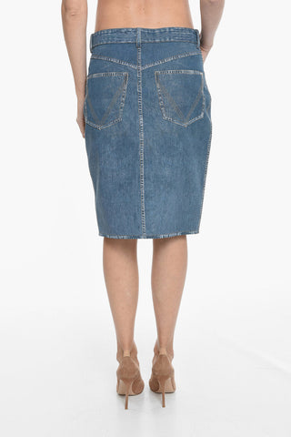 Gonna in Pelle Stampata Denim con Spacco Front/Back