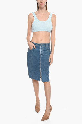 Gonna in Pelle Stampata Denim con Spacco Front/Back