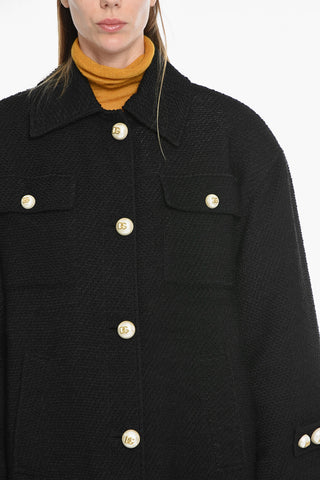 Textured Wool Oversized Coat with Pearl Buttons