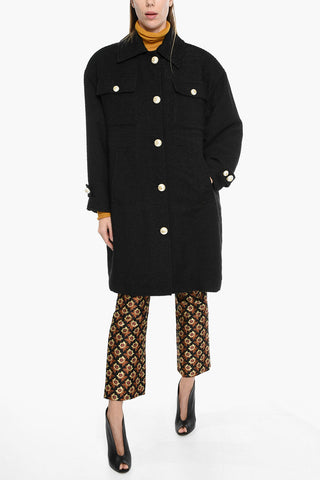 Textured Wool Oversized Coat with Pearl Buttons