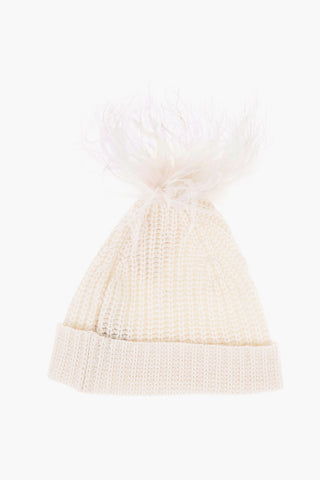 Solid Color Cashmere CLOVER Beanie with Feathers Detail