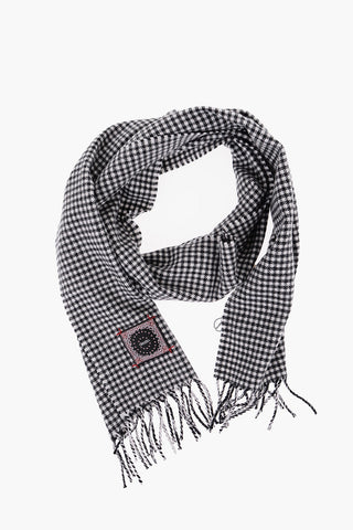 Houndstooth Motif Wool and Cashmere Scarf with Fringes