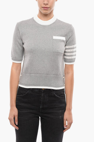 Crew Neck Short-sleeved Cotton Sweater with Side Buttonings
