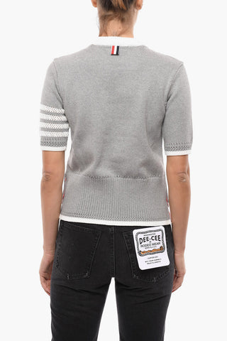Crew Neck Short-sleeved Cotton Sweater with Side Buttonings