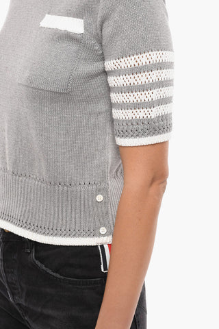 Crew Neck Short-sleeved Cotton Sweater with Side Buttonings