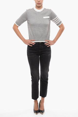 Crew Neck Short-sleeved Cotton Sweater with Side Buttonings