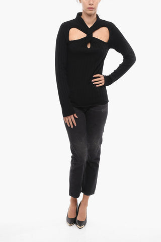 Ribbed Cashmere Blend Pullover with Cut-out Detail