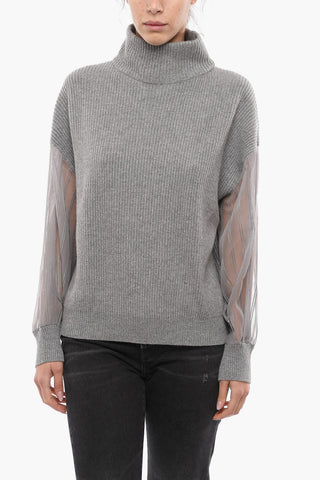 Pullover a Collo Alto in Cashmere con Maniche Sheer