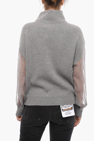 Pullover a Collo Alto in Cashmere con Maniche Sheer