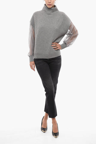 Pullover a Collo Alto in Cashmere con Maniche Sheer