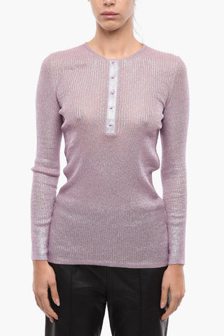 Lurex Ribbed Cashmere Blend Sweater with Buttons