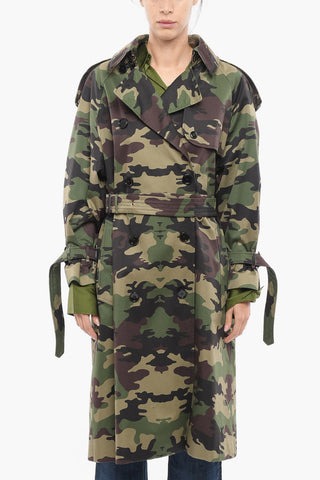 Belted Camouflage Print Cotton Double Breasted Trench Coat