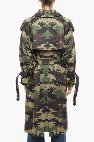 Belted Camouflage Print Cotton Double Breasted Trench Coat