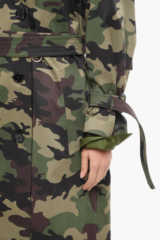 Belted Camouflage Print Cotton Double Breasted Trench Coat
