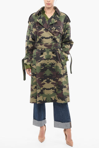 Belted Camouflage Print Cotton Double Breasted Trench Coat