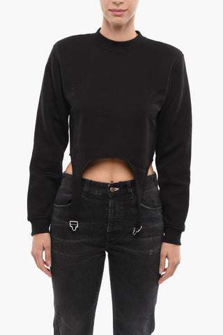 Fleeced Cotton Asymmetrical THE JEAN Crew-neck Sweatshirt with Padded Shoulders