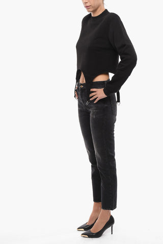 Fleeced Cotton Asymmetrical THE JEAN Crew-neck Sweatshirt with Padded Shoulders
