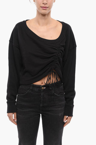 Felpa Crop in Cotone Garzato con Coulisse