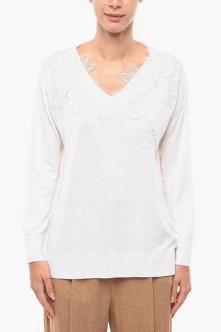 V-neck Wool Sweater with Lace Details
